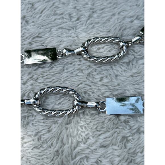 Silver Tone Chain Belt Rectangles Braided Ovals - Picture 2 of 5